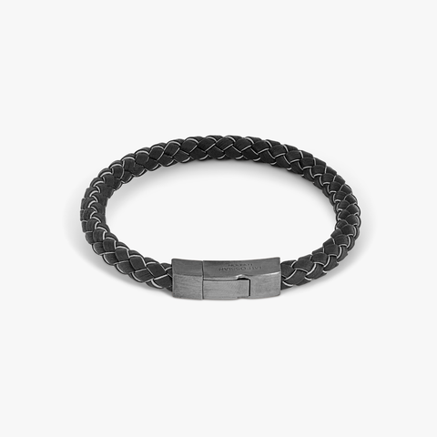 Click Tocco bracelet in grey piped Italian black leather with black rhodium plated sterling silver (UK) 1