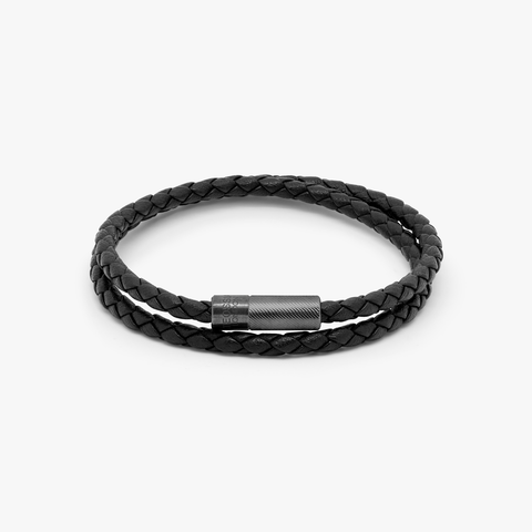 Pop Rigato bracelet in double wrap Italian black leather with black rhodium plated sterling silver (UK) 1
